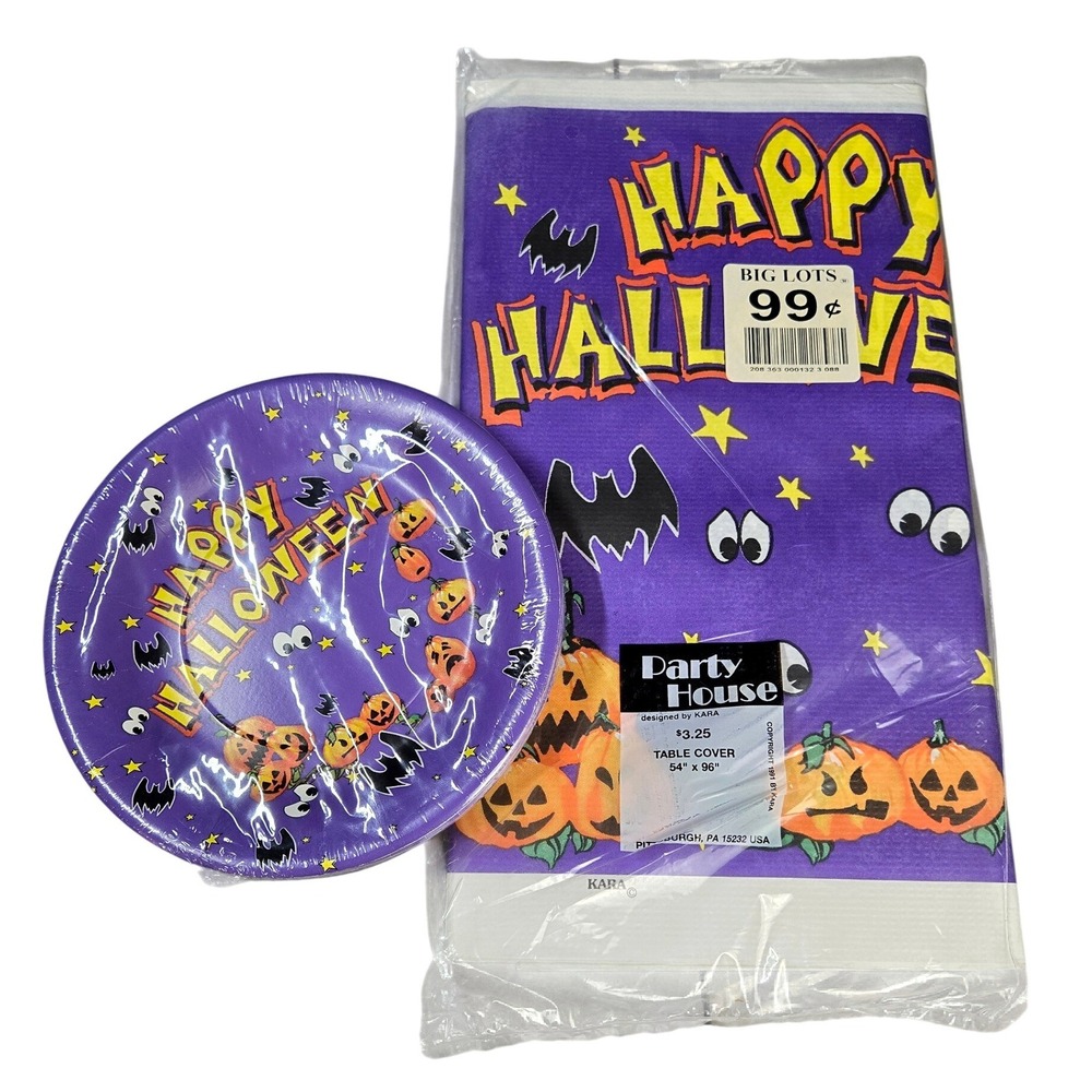 Vintage 90's NOS Halloween Table Cover and Plates Set Purple Pumpkin Bat